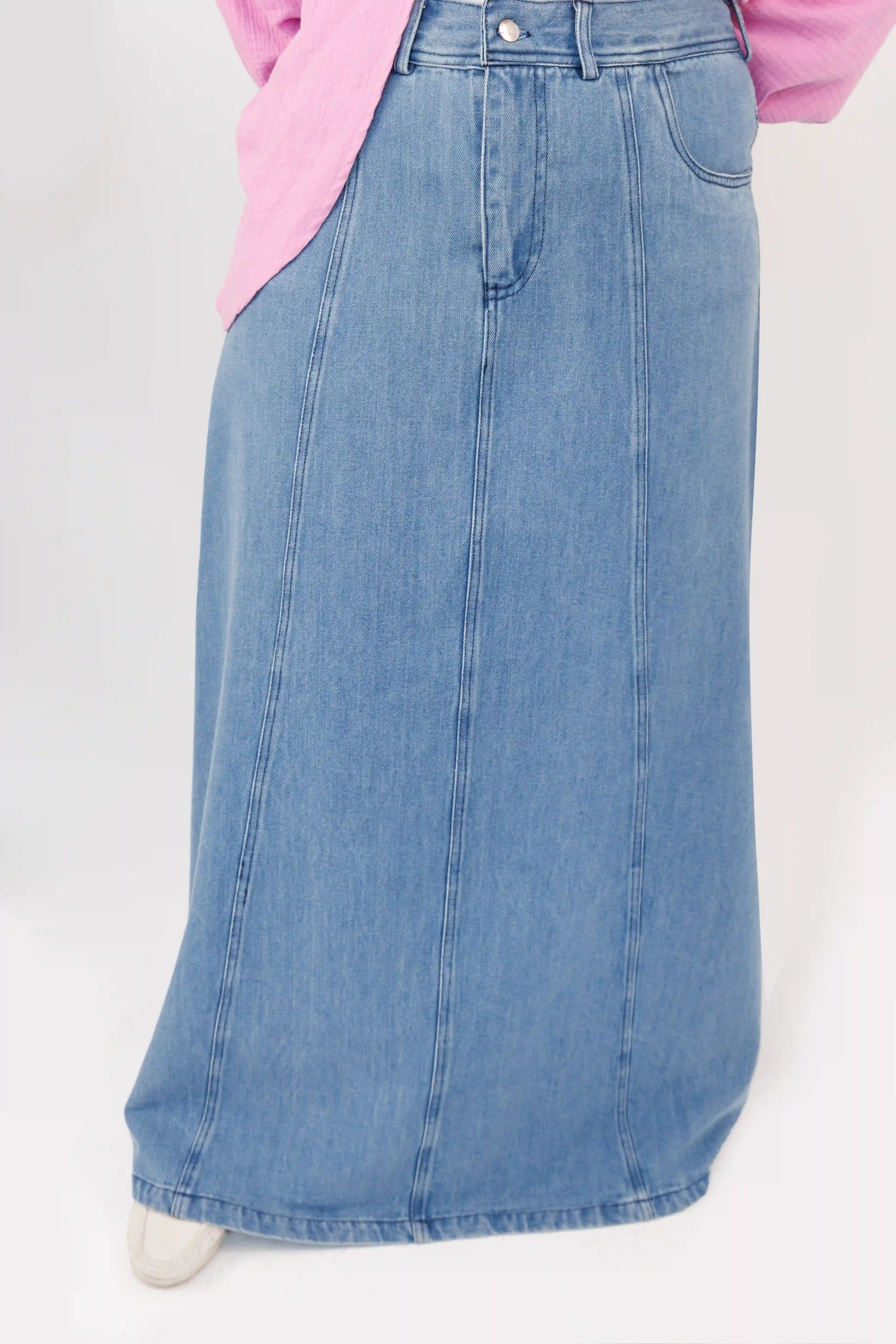Panel Denim Skirt - Belted Waist