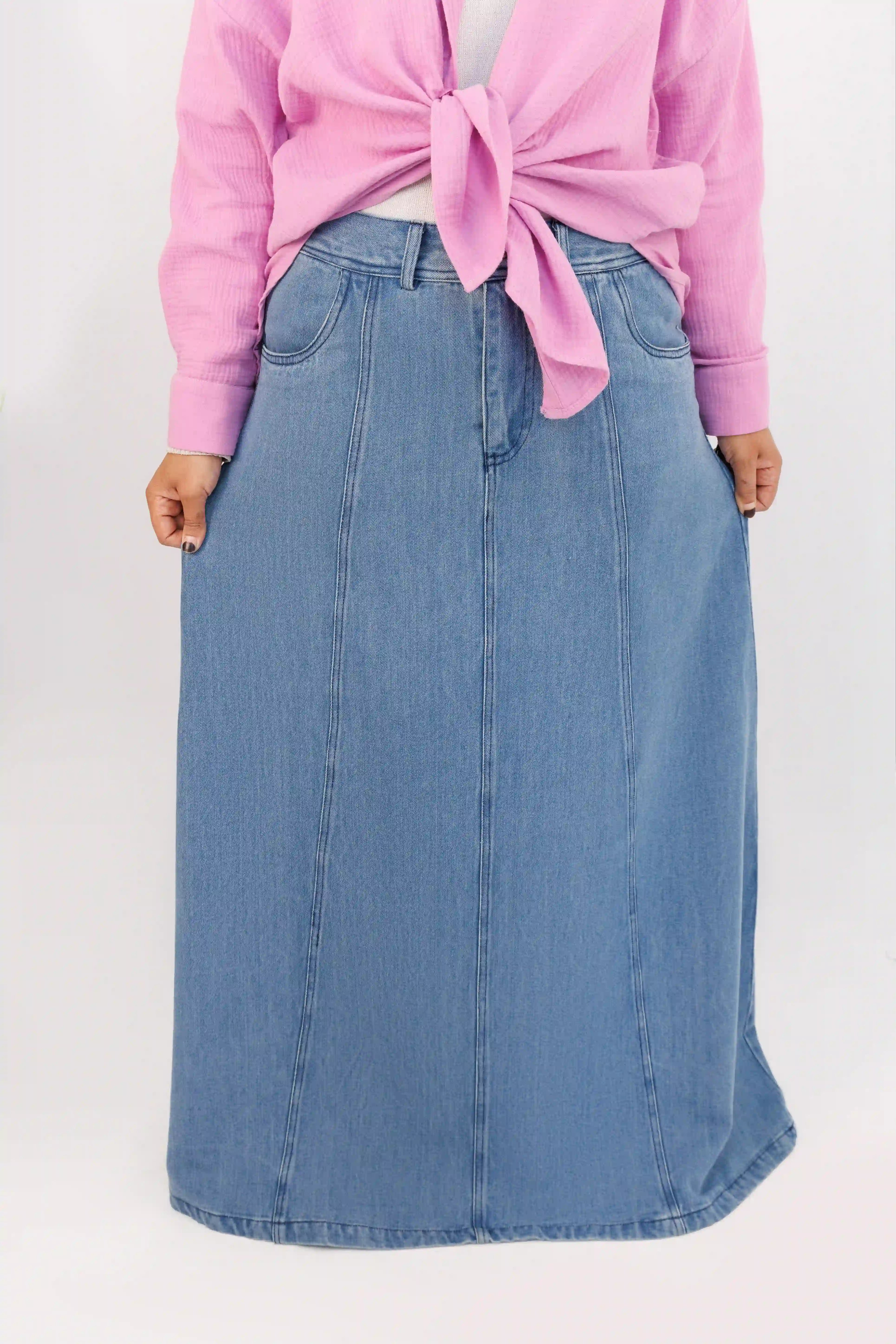 Panel Denim Skirt - Belted Waist