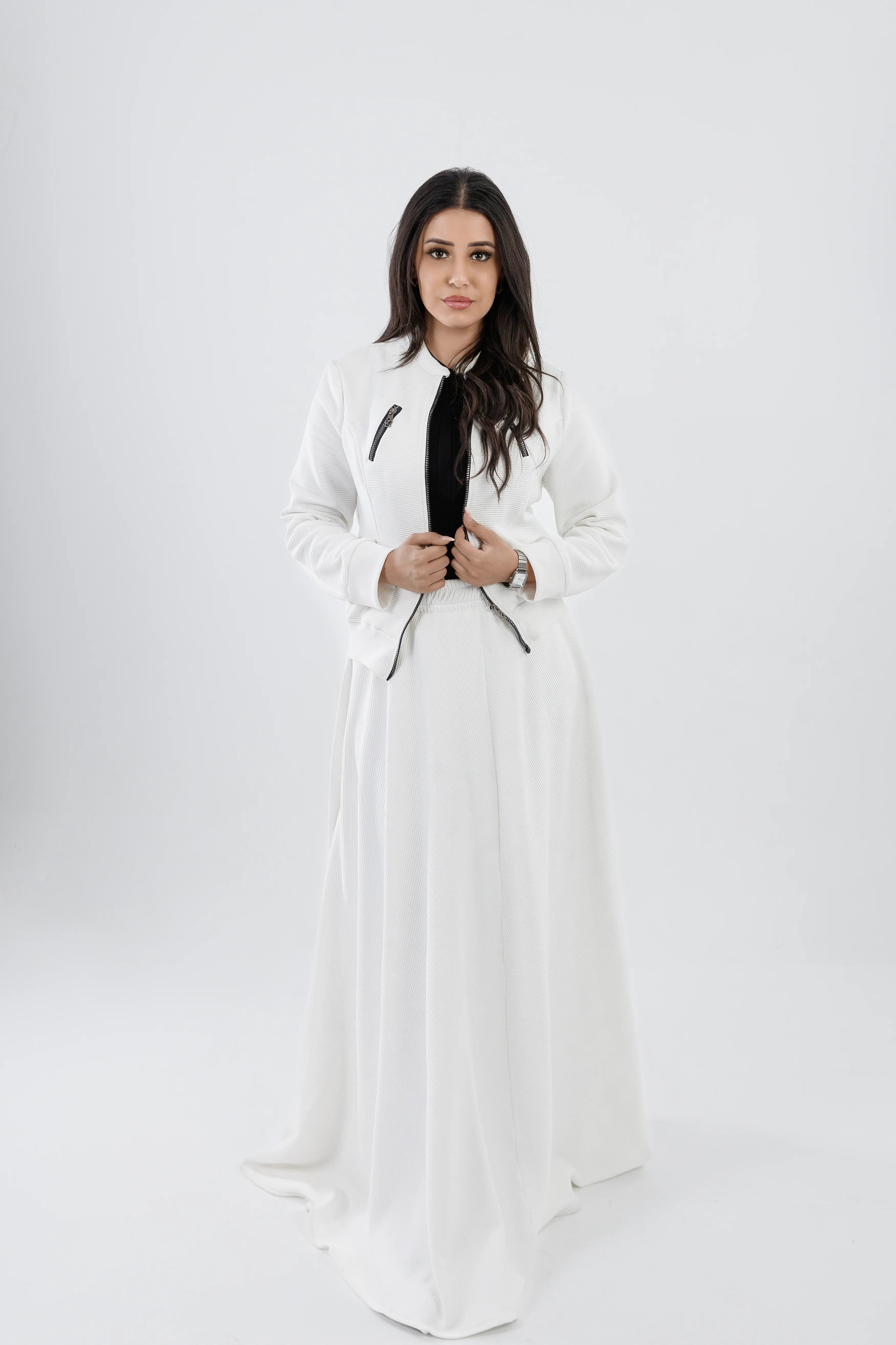 Two-Piece Ribbed Jacket & Flared Skirt Set – 141