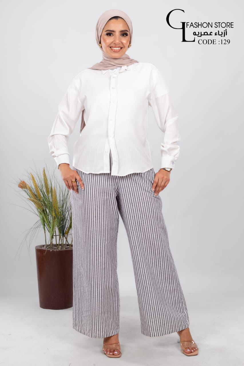 طقم كتان شميز  وبنطلون  مقلم واسع