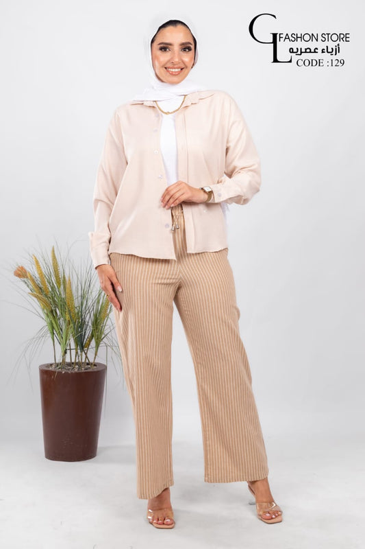 طقم كتان شميز  وبنطلون  مقلم واسع