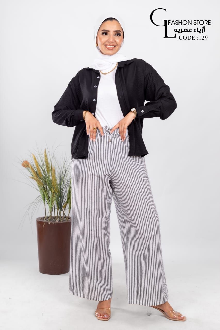 طقم كتان شميز  وبنطلون  مقلم واسع