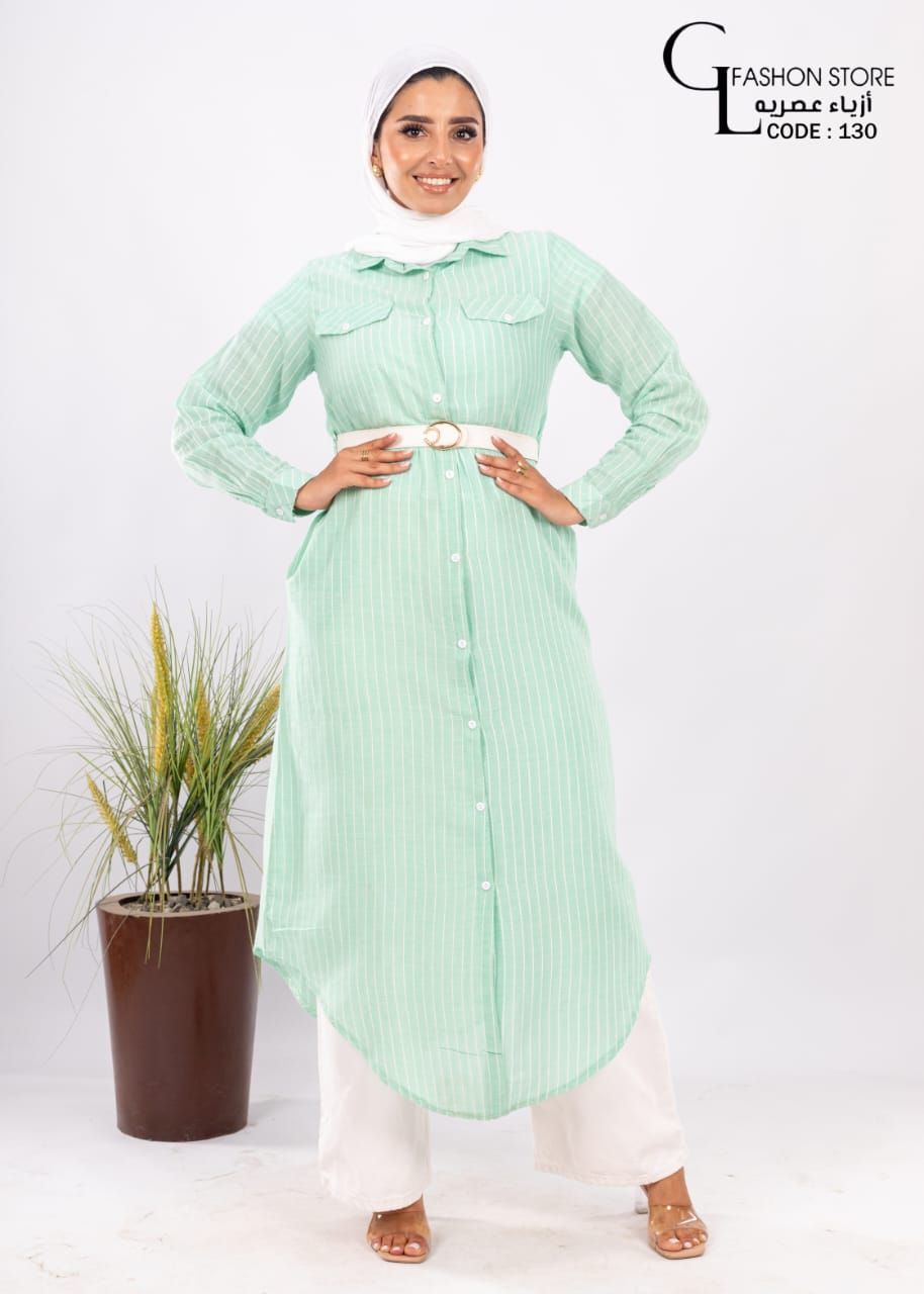 شميز كتان طويل مقلم