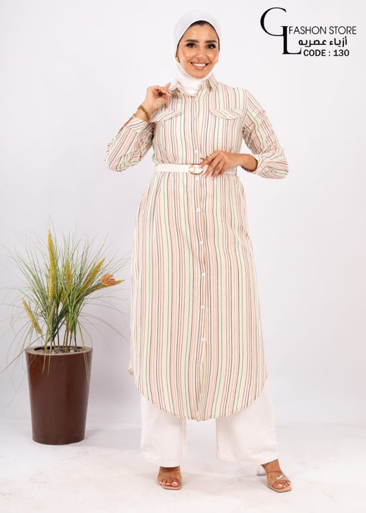 شميز كتان طويل مقلم